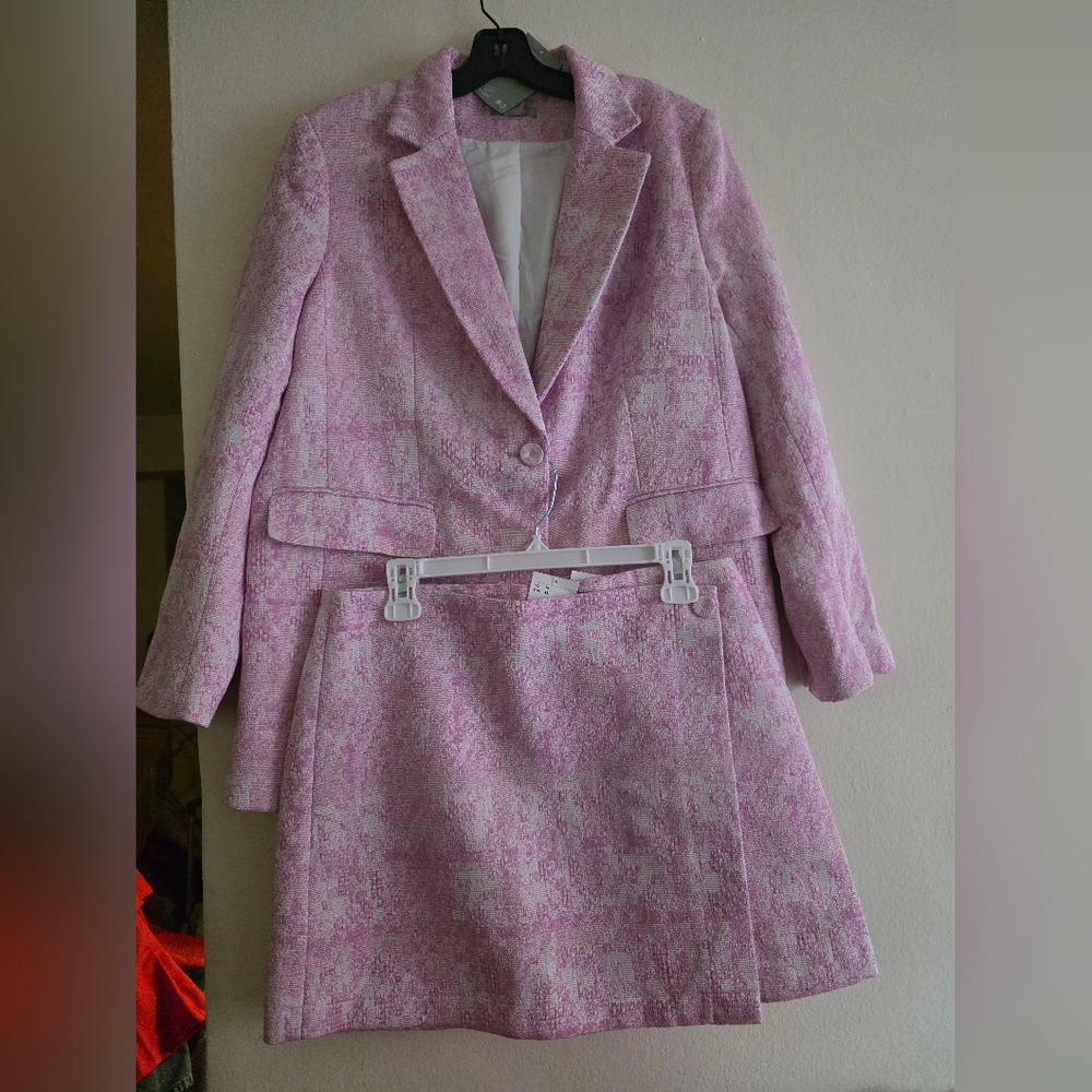 H&M Set Abstract Pattern Blazer Sz M + Faux Wrap Mini Skirt Sz 10 Pink Off White